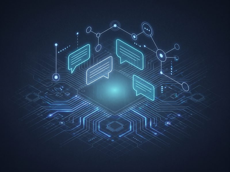 Иллюстрация AI-ассистента: реплики диалога и связи на плате
